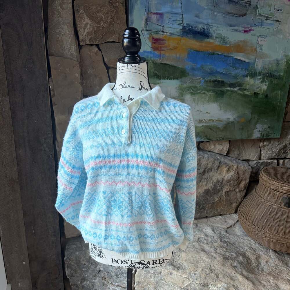Vintage Fair Isle Style Collared Sweater Cream Blue Pink Oversized Pullover